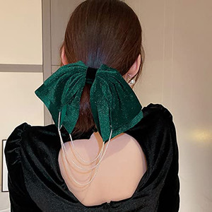 Wiwpar Soft Velvet Green Hair Bows for Women Girls Big Satin Solid Bow Hair Clips French Women Barrettes with Multiple Layered Rhinestone Tassel Chai