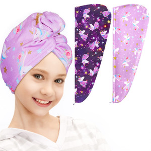 FIOBEE Microfiber Hair Towel Wrap for Kid Rapid Drying Towel Absorbent Hair Turbans for Wet Hair with Button Women Girls Long Curly Hair Pack of 2, P