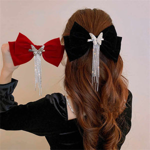 Larger Hair Bows Hair Clip, 2 Pack Rhinestone Tassel French Hair Barrettes Hair Accessories for Women Girls (Red&Black)