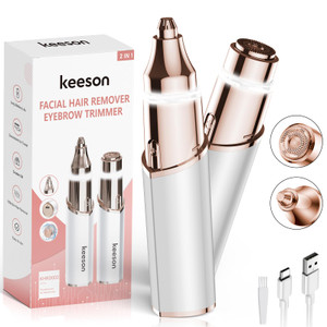 KEESON Facial Hair Removal for Women, 2-in-1 Electric Eyebrow Trimmer with LED Light, Rechargeable Hair Removal Device Face Shaver Facial Hair Remove