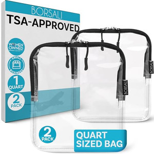BORSALI TSA Approved Toiletry Bag - Clear Quart Size for 3-1-1 LIquids for Carry On Travel - Toiletries Organizer - Cosmetic Pouch with Zipper - Trav