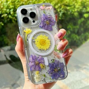 ASONCE Cute Real Flowers Case for iPhone 16 Pro Max,Compatible with MagSafe,Clear Magnetic Cover with Pressed Dry Floral Phone Case for Women and Gir
