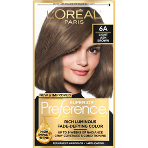 L'Oreal Paris Superior Preference Luminous Fade-Defying Permanent Hair Color, Hair Dye For Up to 9 Weeks of Radiance, Light Ash Brown 6A, 1 Hair Dye