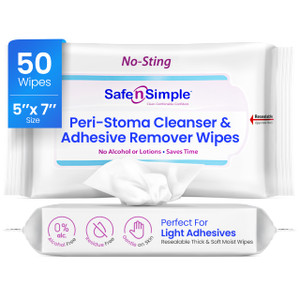 Safe n Simple Resealable Adhesive Remover Wipes for Skin - 50 Large 5"x7" No Sting Alcohol Free Medical Adhesive Remover Pads for Ostomy, Stoma Care