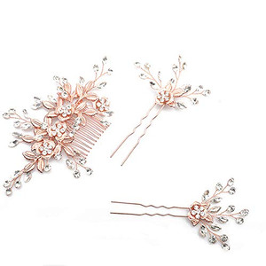 Denifery Wedding Pink Rhinestone Pearls Flower and Leaf Hair Comb Bridal Vintage Headpiece Crystal Women Hair Comb Bridal Hair Comb with 2 Pins Weddi