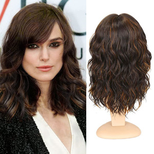 WIGNEE Natural Wave Wigs with Bangs Ombre Brown Curly Bob Wig for Black Women Mixed Brown Hightlights Wig for Women Shoulder Length Wavy Synthetic Wi