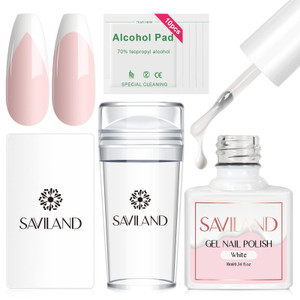Saviland French Manicure Kit: French Tip Nail Stamp with White Gel Nail Polish Set, Jelly Silicone Nail Stamper Nail Stamper Kit for French Nails Hom