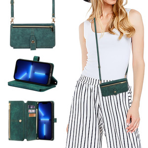 ZCDAYE Case for iPhone 15, iPhone 15 Wallet Phone Case with Crossbody Phone Lanyard, Premium Zipper Leather Flip Cover for iPhone 15 6.1 inch - Green