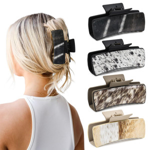 DEEKA 4 Pack Large Western Hair Clips Artificial Leather Cowhide Pattern Hair Claw Clips 4" Cowgirl Black Brown Hair Clips Set for Thick Hair Western