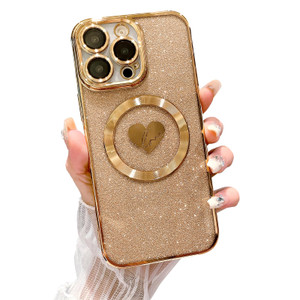 HYUEKOKO Compatible with iPhone 16 Pro 6.3 Inch Case with Magsafe, Plating Heart Glitter Magnetic Case for Women Girl TPU Camera Protection Back Cove
