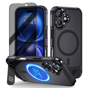 Lanhiem Magnetic for iPhone 16 Case with Stand, [Anti-Spy Privacy Screen Protector] Mil-Grade Drop Protection Adjustable Kickstand Slim Magsafe Cover