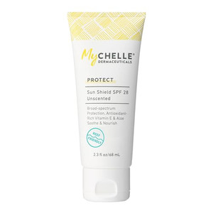 MyCHELLE Dermaceuticals Sun Shield SPF 28 Unscented (2.3 Fl Oz) - Soothing Reef Safe Sunscreen with Vitamin E and Aloe - TSA Approved. Liquid Zinc Su