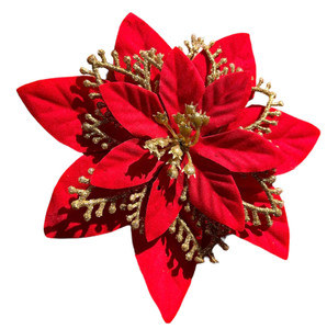Holiday Red Poinsettia with Gold Glitter Hair Flower Clip and Brooch PIn