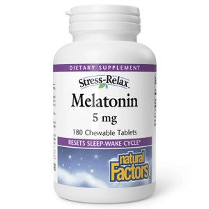 Stress-Relax Melatonin 5 mg by Natural Factors, Natural Sleep Aid, Resets the Sleep-Wake Cycle, 180 chewable tablets (180 servings), Peppermint Flavo