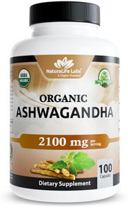 NaturaLife Labs Organic Ashwagandha 2100 mg per Serving  Herbal Supplement Root Powder & Extract  100 Capsules  Vegan, Non-GMO, Gluten-Free