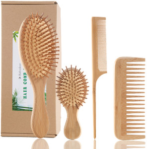 Bamboo Hair Brush and Comb Set - Eco-Friendly Anti-Static Detangling Brush and Combs for Women and Men, Massage Wooden Brushes for Thick, Thin, Curly