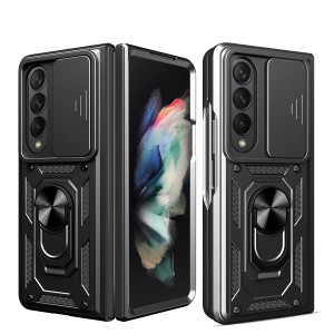 CCSmall Phone Case for Samsung Galaxy Z Fold 4 with Slide Camera Window, Heavy Duty Protection Phone Cover Case with Ring Kickstand for Samsung Galax