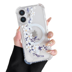 DEFBSC Magnetic Case for iPhone 16 Plus Work with Magsafe, Clear Floral Flower Pattern Print Design Flexible Acrylic Shockproof Cover for Women Girls
