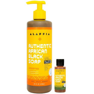 Alaffia Authentic African Black Soap Variety 2-Pack  All-In-One Liquid Soap, Travel-Size Eucalyptus Tea Tree + Pump Bottle Unscented Body Wash, Face