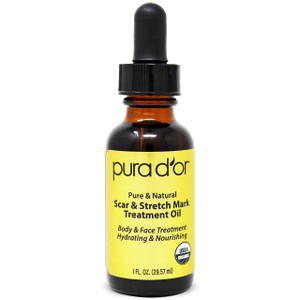 PURA D'OR Organic Scar & Stretch Mark Treatment Oil (1oz) For Skin - With Rosehip, Wheat Germ, Argan, Tamanu, Carrot, Rosemary, Lavender, Geranium, P