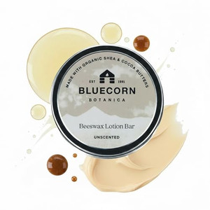 Bluecorn Beeswax Lotion Bar, Unscented, Ultra Moisturizing Solid Balm in Travel Tin, Organic Shea Butter, Cocoa Butter, Apricot Oil & Avocado Oil, Am