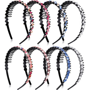 Syhood 8 Pieces Rhinestone Headbands with Teeth Comb for Women Flower Crystal Wave Headband Plastic Tooth Comb Headband Non-slip Rhinestone Hair Band