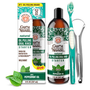 GuruNanda Starter Pulling Oil Mouthwash for Natural Teeth Whitening, Coconut and Peppermint Oil for Fresh Breath & Happy Gums, with Toothbrush & Tong