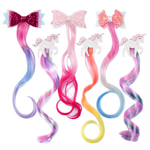 6 Pieces Unicorn Hair Clips for Girls, Bow Curly Rainbow Hair Extensions for Kids, Little Girl Hair Clips Accessories for Ponytails Princess Dress Up