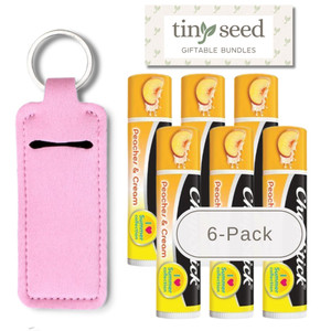 TINY SEED Lip Balm Gift Set: Peaches and Cream 6-Pack. Limited Edition Flavor from I Love Summer Collection. Includes Lip Balm Holder Keychain (Pink)