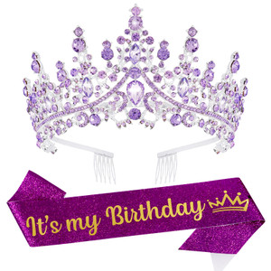 VELSCRUN Purple Crystal Birthday Tiara Crowns for Women Girls It's My Birthday Sash Queen Girls Princess Crown with Combs Happy Birth Party Decoratio
