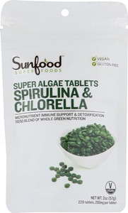 Sunfood Chlorella Spirulina Tablets - Spirulina and Chlorella Powder Pills, Green Algae Supplement Rich in Chlorophyll, Broken Cell Wall, Vegan - 2 o