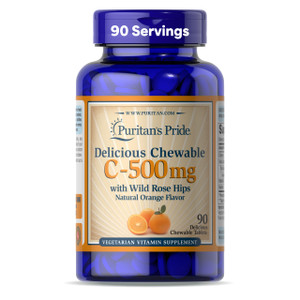 Puritan's Pride Delicious Chewable Vitamin C-500mg with Wild Rose Hips, Orange Flavor Chewables, 90 Count