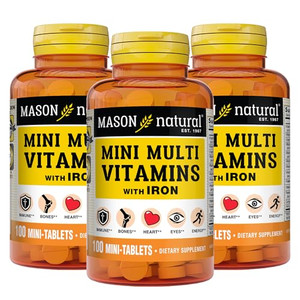 Mason Natural Daily Multiple Vitamins with Iron, Vitamins A, C, D, E, B1, B2, B3, B6, B12, Folate and Calcium for Overall Health, 100 Tablets (Pack o