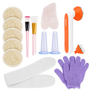 Facial massage Tools Set Skin Care Kit, Ice Roller Face Gua Sha Facial Tool, Exfoliating Loofah Sponge Pads, Face Massaging Gloves, Cupping Set Massa