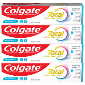 Colgate Total Active Prevention Whitening Gel Toothpaste with Fluoride, Bulk with Clinically Proven Formula That Fights Plaque Bacteria, Mint, 4 Pack