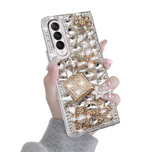 Omio for Galaxy Z Fold 3 5G Case, 3D Handmade Sparkle Stunning Stones Crystal Rhinestones Diamond Bling Glitter Hard PC Phone Cover for Women Girls,