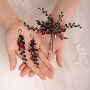 BERYUAN Bridal Hair Pins Earring Set Baroque Black Red Rhinestone Wedding Hair Accessories for Bride