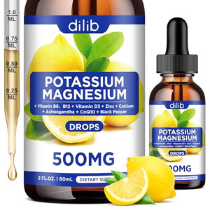 dilib Potassium Magnesium Citrate Supplement, Liquid Magnesium Citrate Drops 500mg with Ashwagandha, Calcium, Zinc, Vitamin D3, B6, B12, CoQ10 - Vega