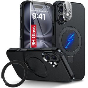 Oterkin Magnetic for iPhone 16 Plus Case Compatible with MagSafe [Foldable Invisible Stand][Tempered Glass Screen Protector & Camera Lens Protector]