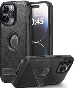 Wibrthz Leather Case for iPhone 16 Pro Case with Kickstand, Built-in Invisible Stand, Vegan Leather Slim Logo View Classic Luxury Thin Shockproof Pro