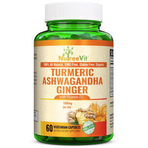 NutreeVit Organic Turmeric Ashwagandha Ginger Vitamin D3-60 Capsules - Extra Strength Ashwagandha Root Turmeric Supplement Immune Support - Ashwagand