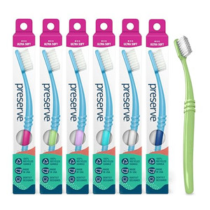 Preserve Eco Friendly Adult Toothbrushes, Made in The USA from Recycled Plastic, Ultra Soft Bristles, Paperboard Package, Colors Vary, 6 Count
