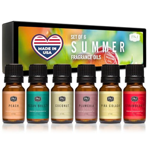 P&J Trading Summer Set of 6 Fragrance Oils - Peach, Strawberry, Plumeria, Coconut, Ocean Breeze, Pina Colada Candle Scents, Soapmaking, Diffuser Oil
