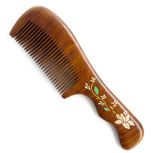 Natural Handmade Sandalwood Hair Comb, Anti-Static Hair Detangler Wooden Combs for Men,Women,Kids Fine Tooth Wood Comb (Flower drawing with free pouc