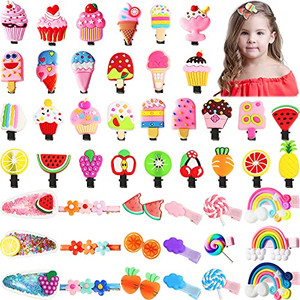 48 Pcs Candy Hair Clips Cute Candy Hair Accessories for Girls 4-6 Non-slip Silicone Clay Barrettes Desert Ice Cream Fruit Rainbow Cupcake Pins