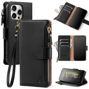 Shieldtop Compatible with iPhone 14 Pro Max Wallet Case with Card Holder,Women Men RFID Blocking PU Leather Flip Cover Wrist Strap Zipper Credit Card