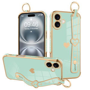 MOWIME for iPhone 16 Pro Case with Strap, Cute Heart Pattern for Women Girls Soft Plating Bumper Anti-Scratch Protective Cover with Wrist Band Kickst