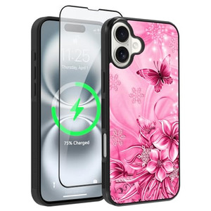 OOK Magnetic for iPhone 16 Plus Case Pink Butterfly with Flower Nebula Space Design [Compatible with MagSafe] Hard PC+Soft TPU Bumper Anti-Slip Ultra