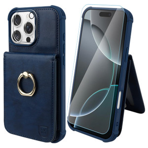 VANAVAGY Compatible for iPhone 16 Pro Wallet Case with Credit Card Holder Coin Pocket [360° Rotation Ring Kickstand], PU Leather Magnetic Clasp Flip