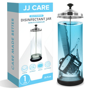 JJ CARE Disinfectant Jar - 35 oz Barber Jar Glass Sanitizer w/Stainless Steel Strainer & Cap - Black Lid